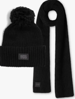 DAMES UGG e muts chunky rib beanie knit pom set